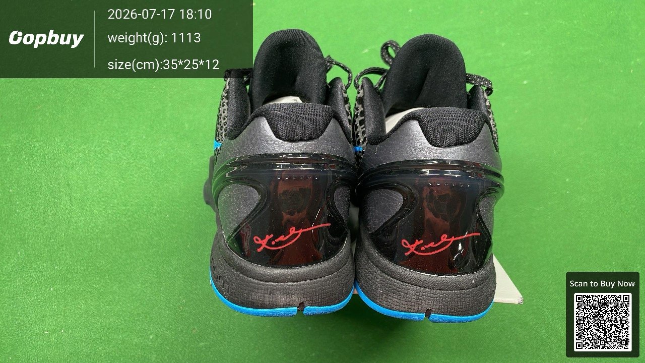 Rear view of a black and blue pair of sneakers