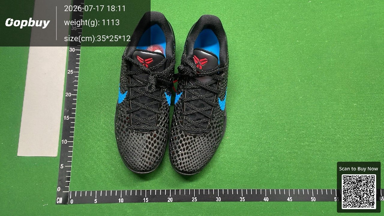 QC photograph of a black and blue sneaker pair from above